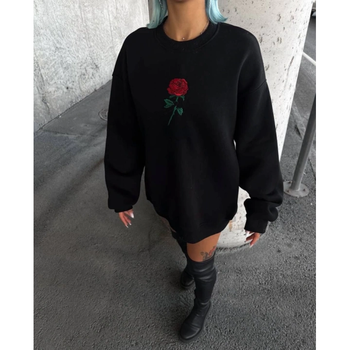 Oversize Üç İplik Bisiklet Yaka Baskılı SweatShirt - Siyah