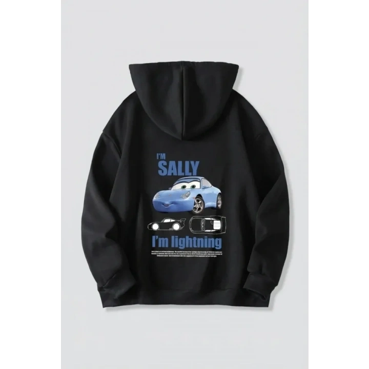 Sevgililer Günü Özel Kapüşonlu Araba Baskılı Oversize Sweatshirt - Siyah