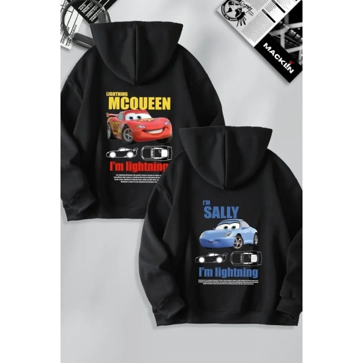 Sevgililer Günü Özel Kapüşonlu Araba Baskılı Oversize Sweatshirt - Siyah