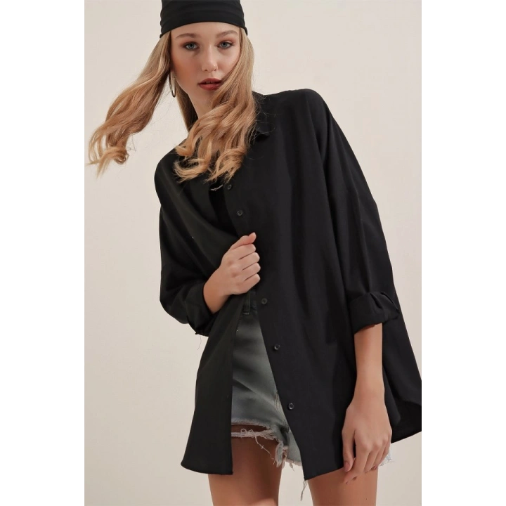 Siyah Oversize Uzun Basic Gömlek 3900