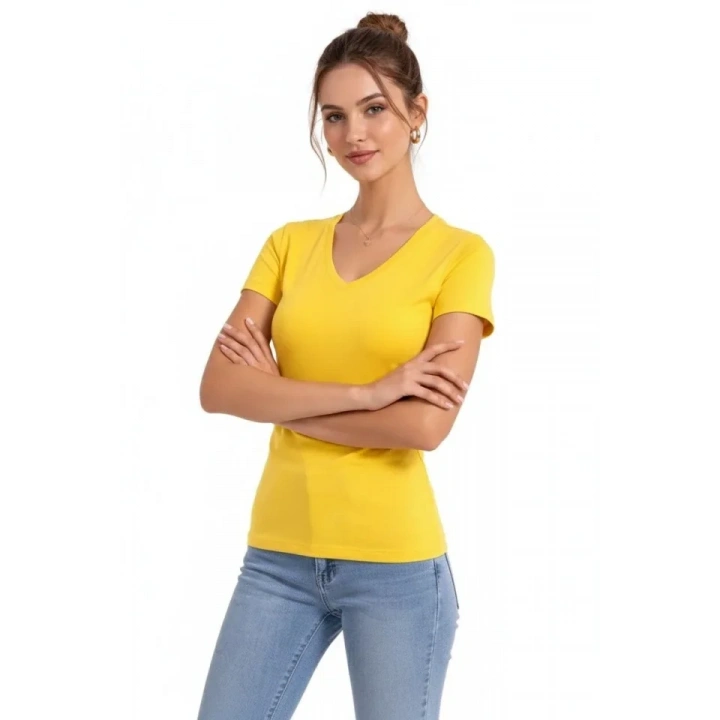 T-Shirt V Yaka Slim Fit Likralı Tişört Günlük Basic Body - Sarı