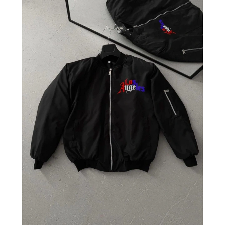 Tam Fermuarlı Uzun Kol Baskılı Bomber Ceket - Siyah