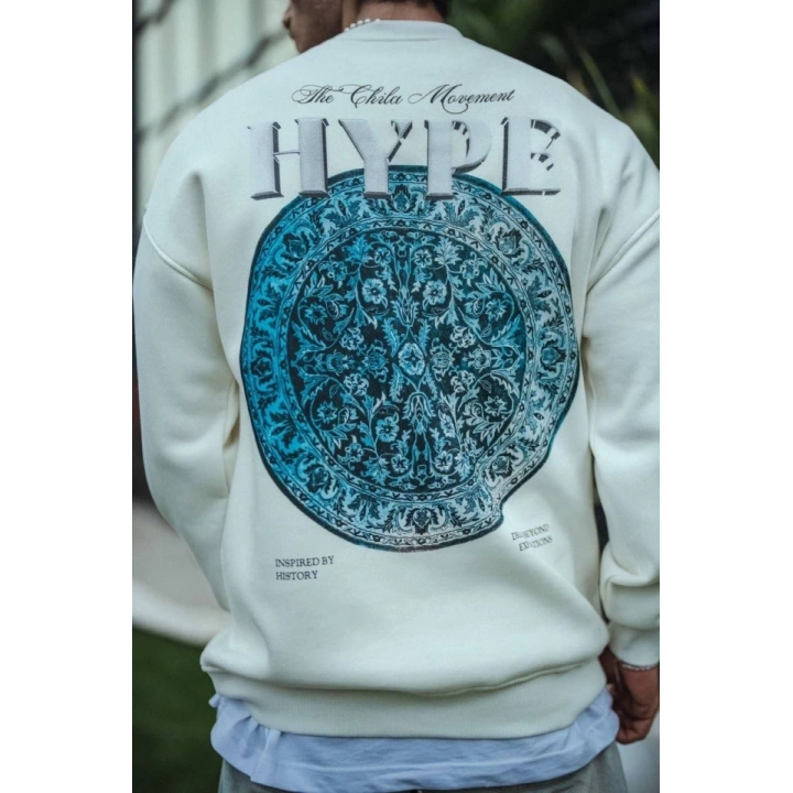 Üç İplik Bisiklet Yaka Baskılı SweatShirt - Beyaz