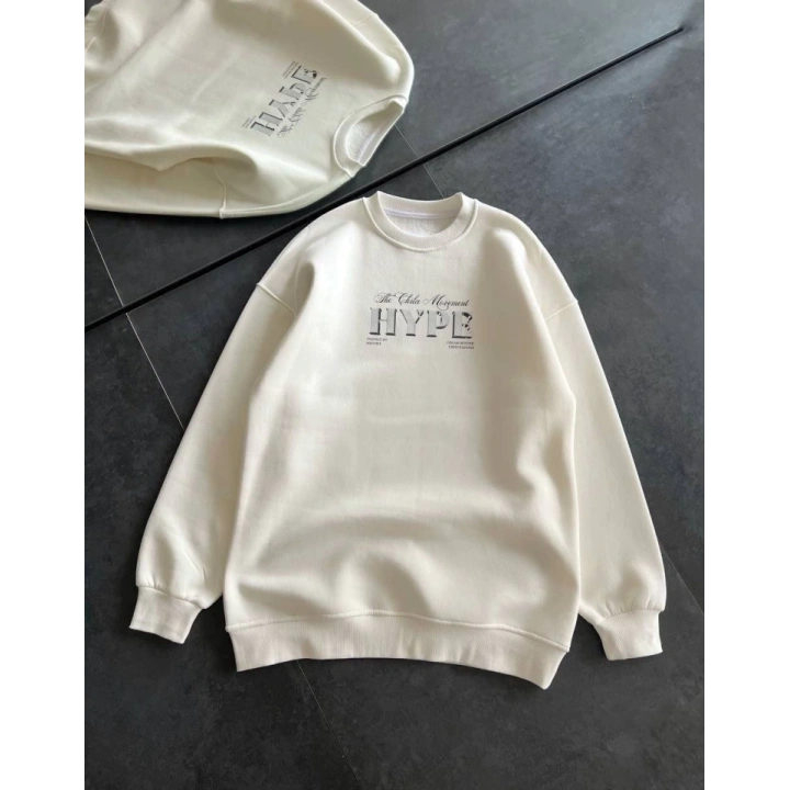 Üç İplik Bisiklet Yaka Baskılı SweatShirt - Beyaz