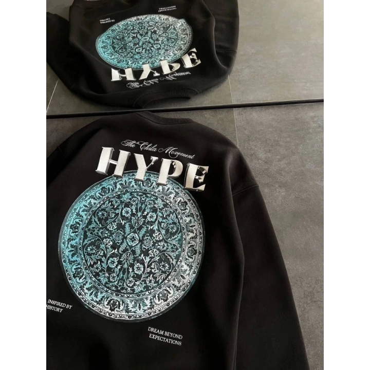 Üç İplik Bisiklet Yaka Baskılı SweatShirt - Siyah