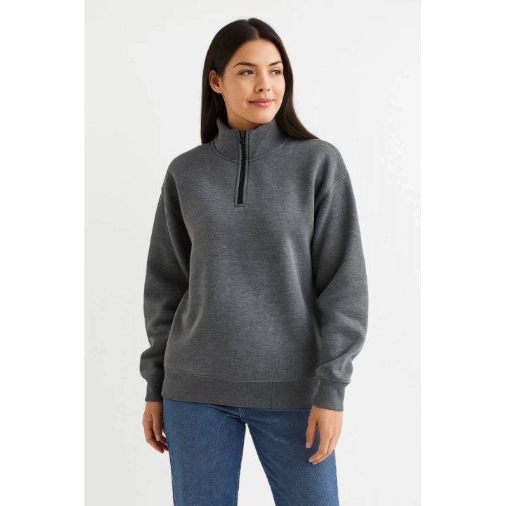 Üç İplik Dık Yaka Yarım Fermuarlı SweatShirt - Antrasit