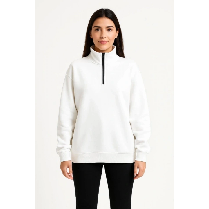 Üç İplik Dık Yaka Yarım Fermuarlı SweatShirt - Beyaz