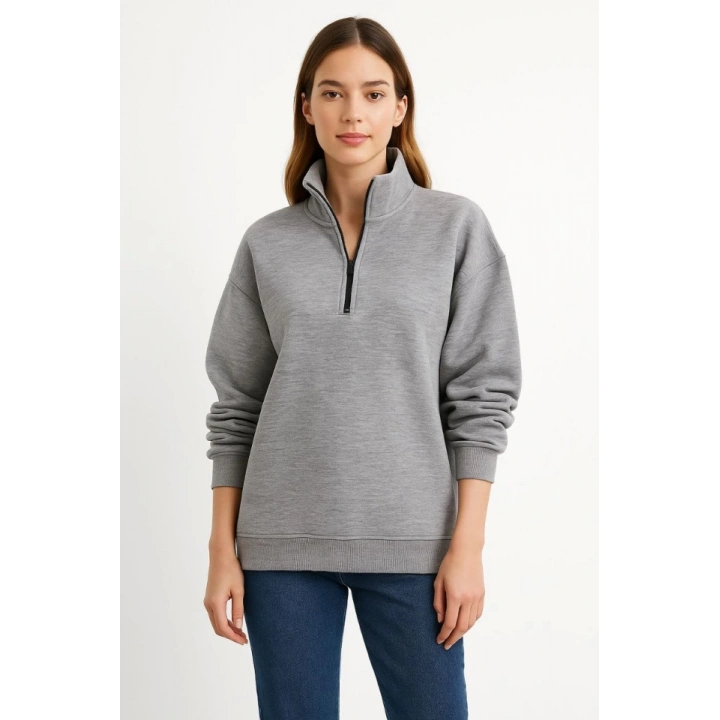 Üç İplik Dık Yaka Yarım Fermuarlı SweatShirt - Gri