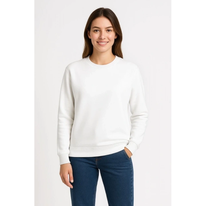 Üç İplik Düz Bisiklet Yaka SweatShirt - Beyaz