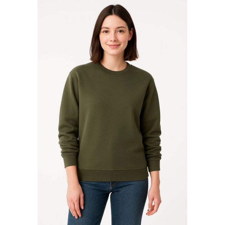 Üç İplik Düz Bisiklet Yaka SweatShirt - Haki