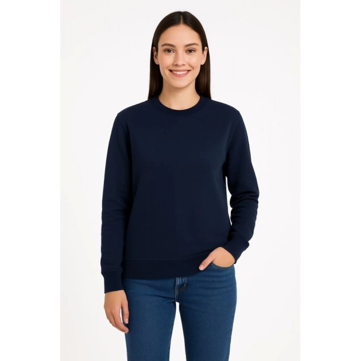 Üç İplik Düz Bisiklet Yaka SweatShirt - Lacivert