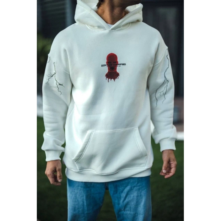 Üç İplik Kapşonlu Baskılı Oversize SweatShirt- Beyaz