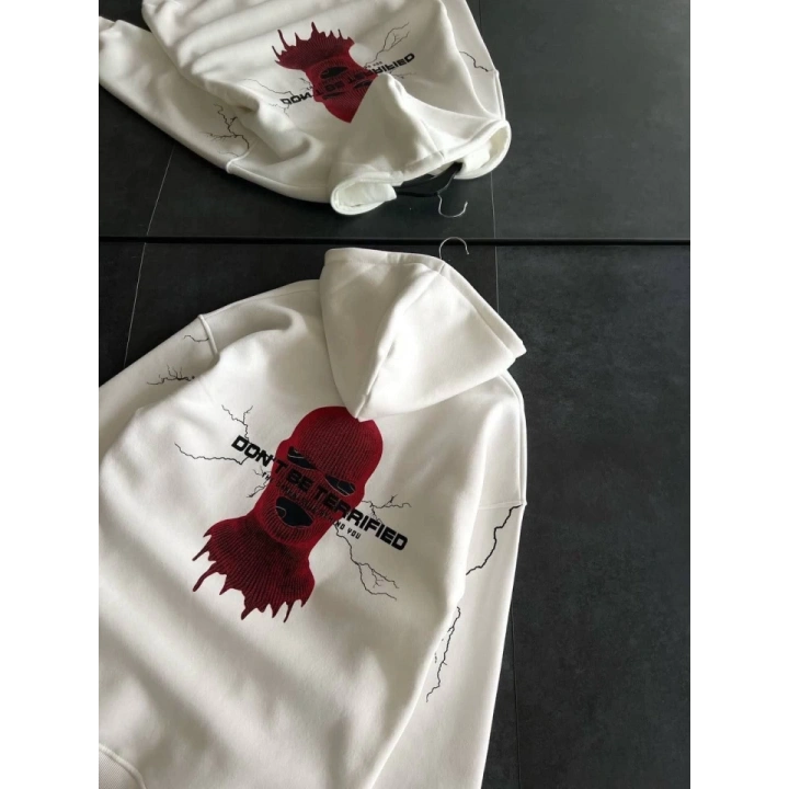 Üç İplik Kapşonlu Baskılı Oversize SweatShirt- Beyaz