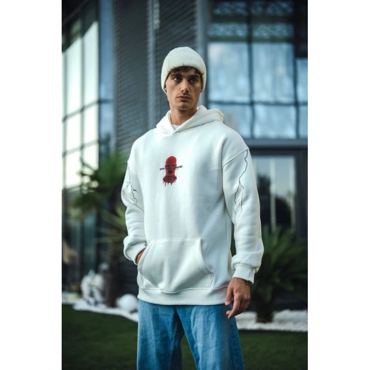 Üç İplik Kapşonlu Baskılı Oversize SweatShirt- Beyaz