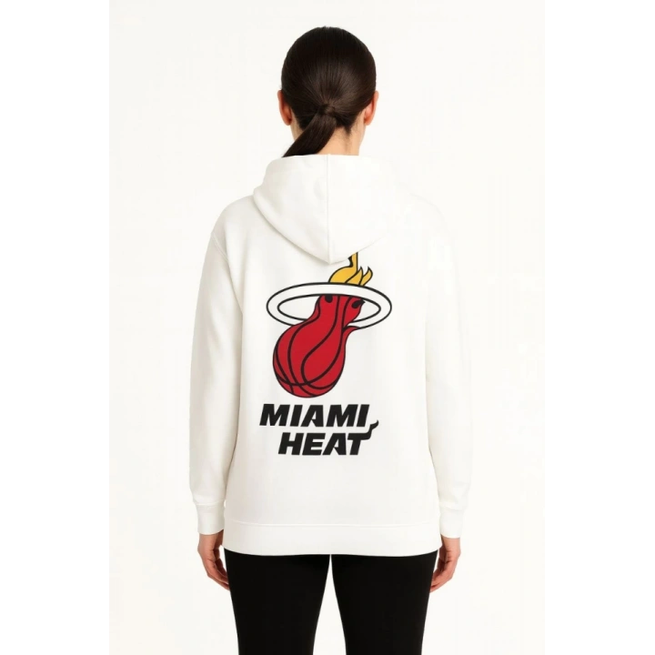 Üç İplik Kapüşonlu Ön Ve Arka Baskılı SweatShirt Hoodie - Beyaz