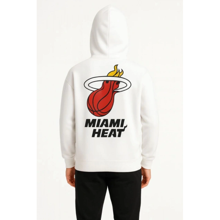 Üç İplik Kapüşonlu Ön Ve Arka Baskılı SweatShirt Hoodie - Beyaz