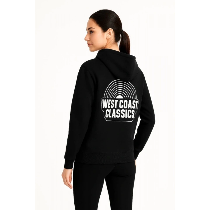 Üç İplik Kapüşonlu Ön Ve Arka Baskılı SweatShirt Hoodie - Siyah