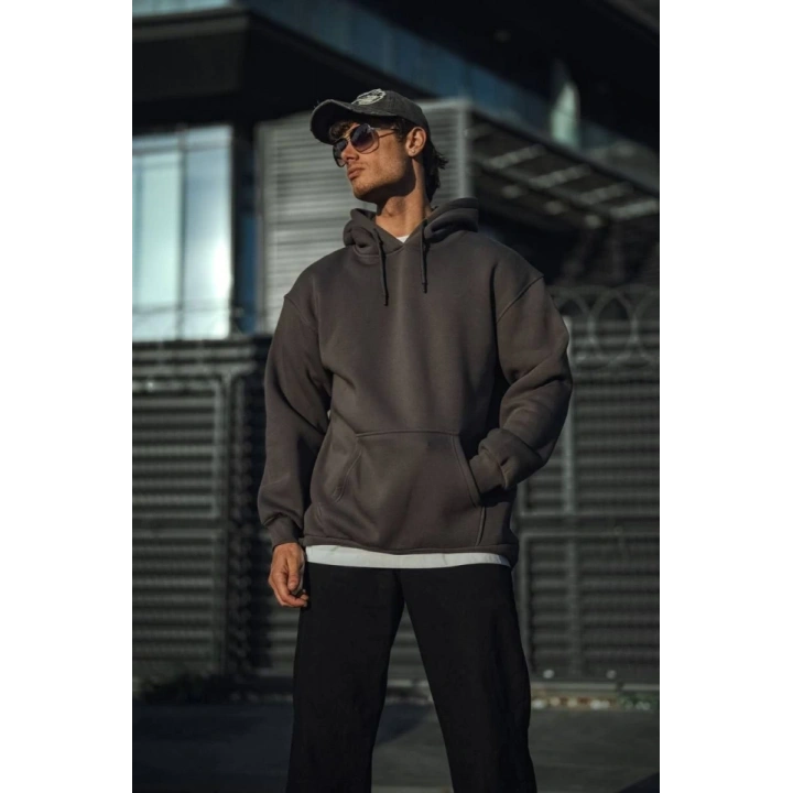 Üç İplik Penye Kapşonlu Basic SweatShirt - Antrasit