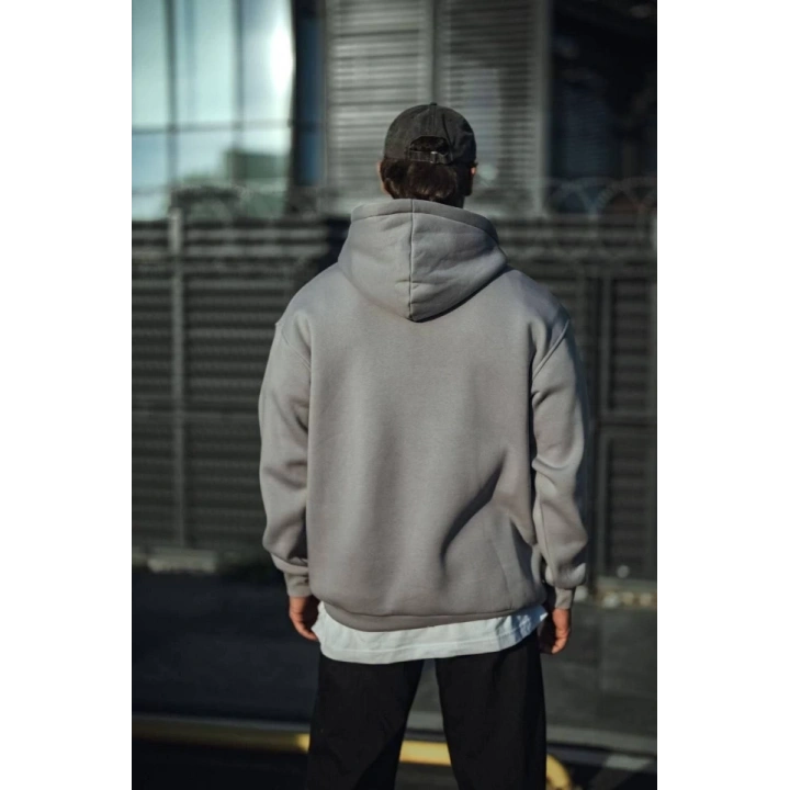 Üç İplik Penye Kapşonlu Basic SweatShirt - Boyalı Gri