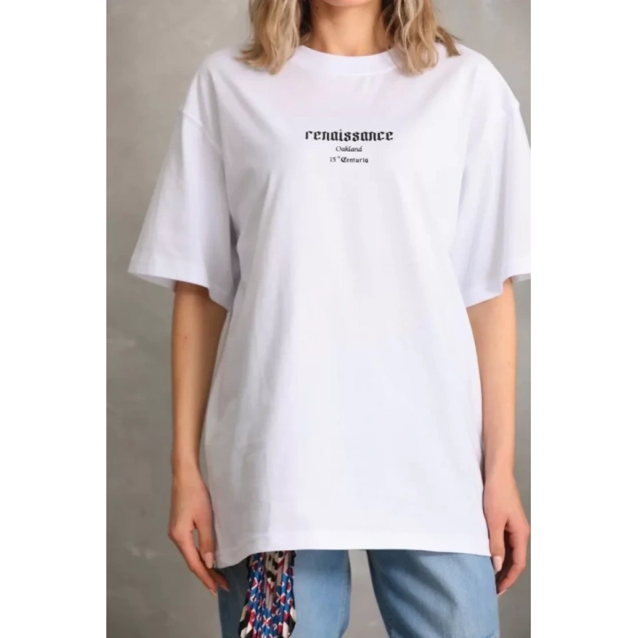 Unisex Baskılı Oversize T-Shirt - Beyaz
