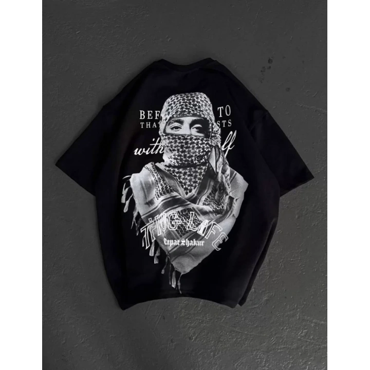 Unisex Baskılı Oversize T-Shirt - Siyah