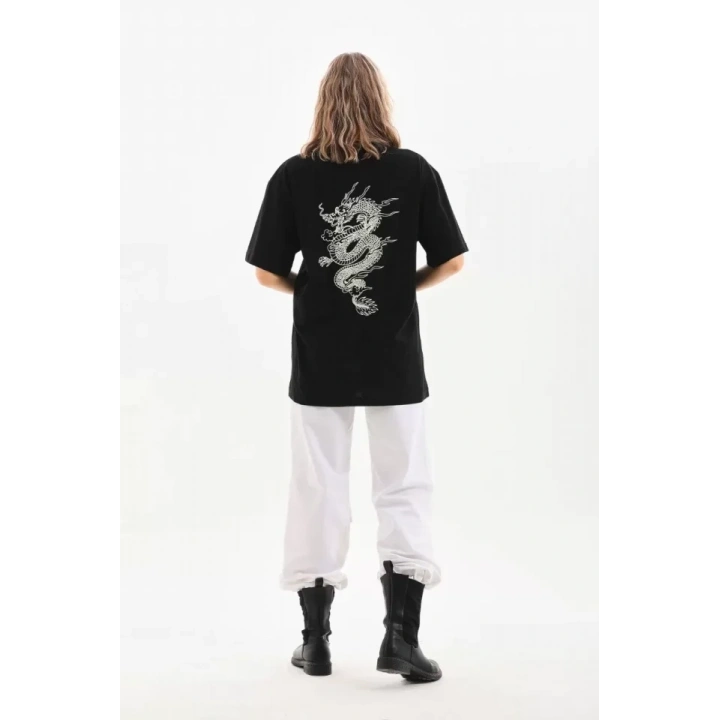 Unisex Baskılı Oversize T-Shirt - Siyah