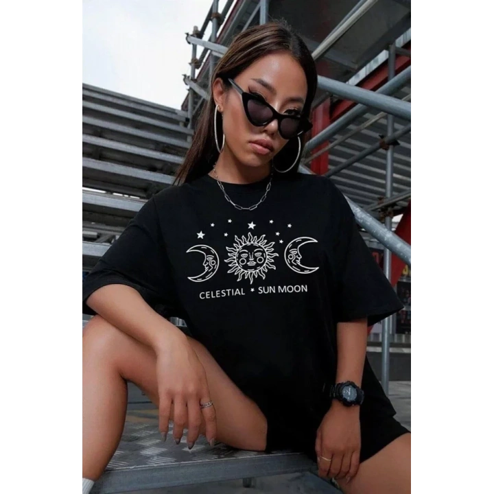 Unisex Baskılı Oversize T-Shirt - Siyah