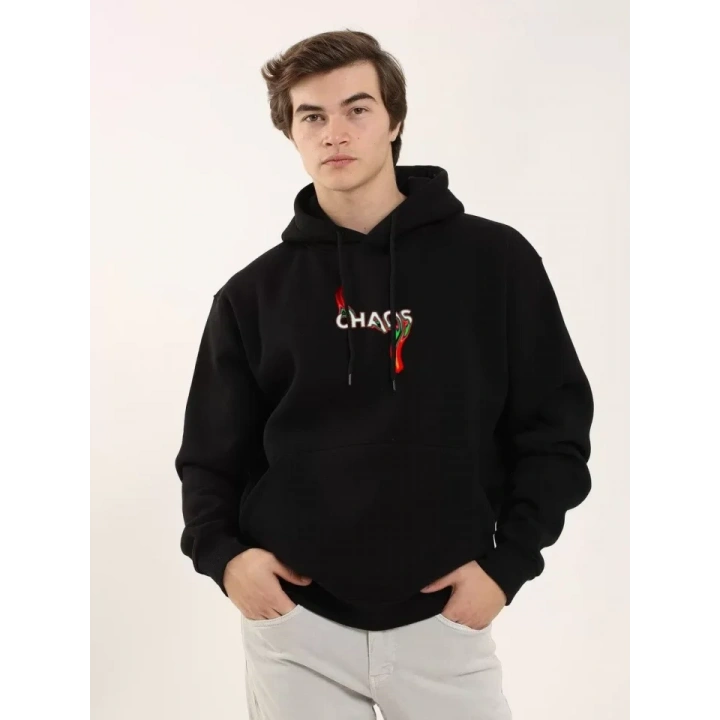 Unisex Baskılı Oversize Üç İplik Kapüşonlu Sweatshirt - Siyah