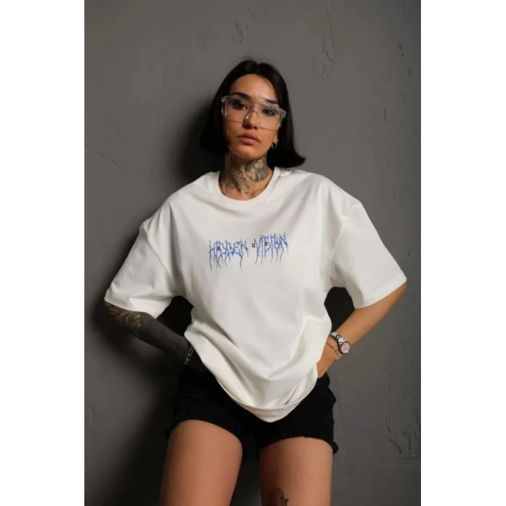 Unisex Bisiklet Yaka Baskılı Oversize T-Shirt - Beyaz