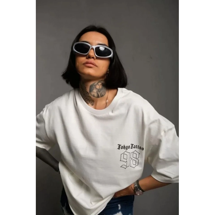 Unisex Bisiklet Yaka Baskılı Oversize T-Shirt - Beyaz