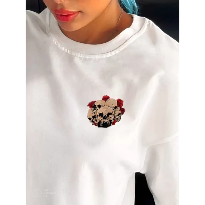 Unisex Bisiklet Yaka Baskılı Oversize T-Shirt - Beyaz