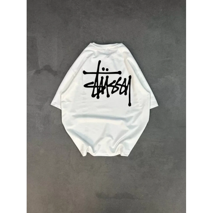 Unisex Bisiklet Yaka Baskılı Oversize T-Shirt - Beyaz