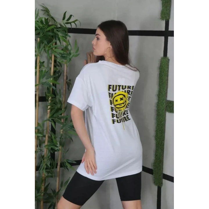 Unisex Bisiklet Yaka Baskılı Oversize T-Shirt - Beyaz
