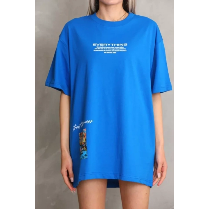 Unisex Bisiklet Yaka Baskılı Oversize T-Shirt - Mavi