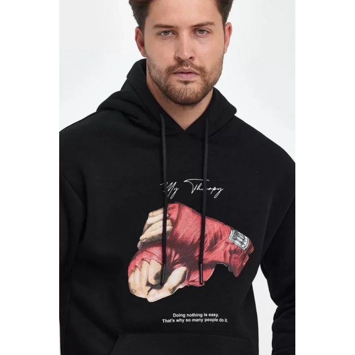 Unisex Kapüşonlu Üç İplik Oversize Baskılı Sweatshirt - Siyah