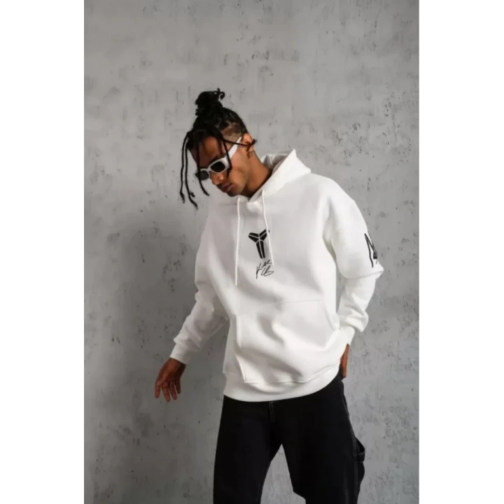 Unisex Sırt Baskılı Kapüşonlu Üç İplik Oversize Sweatshirt - Beyaz