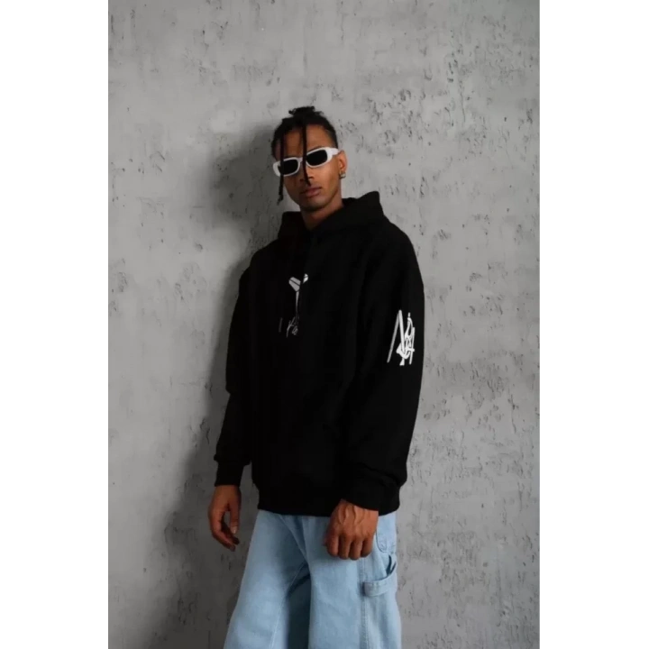 Unisex Sırt Baskılı Kapüşonlu Üç İplik Oversize Sweatshirt - Siyah