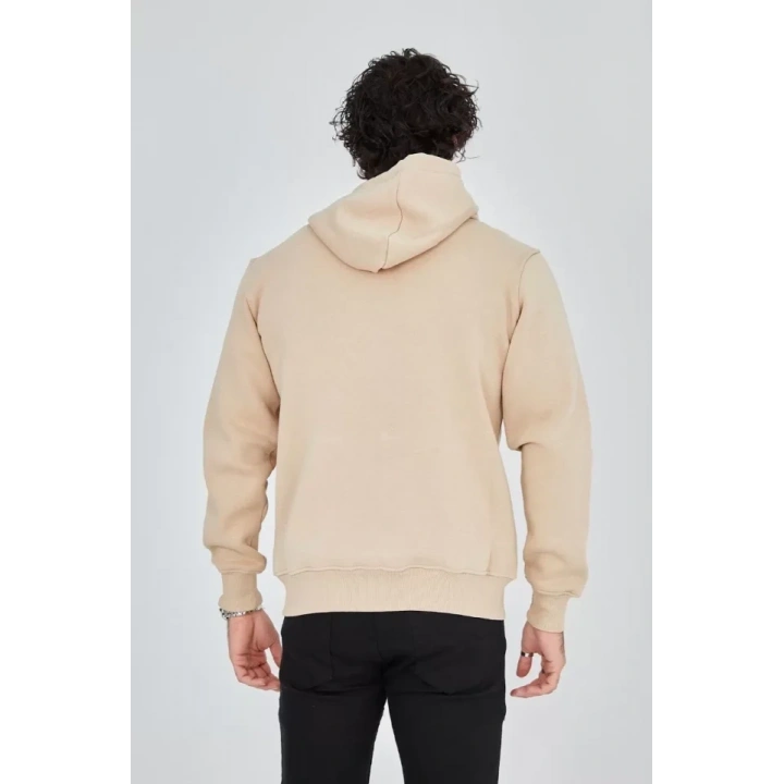Unisex Tam Fermuarlı Kapşonlu  SweatShirt - Bej