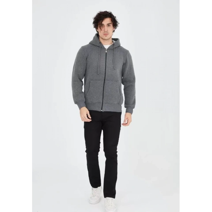 Unisex Tam Fermuarlı Kapşonlu  SweatShirt - Füme