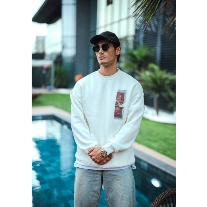 Uzun Kol Bisiklet Yaka Ön Ve Arka Baskılı SweatShirt - Beyaz