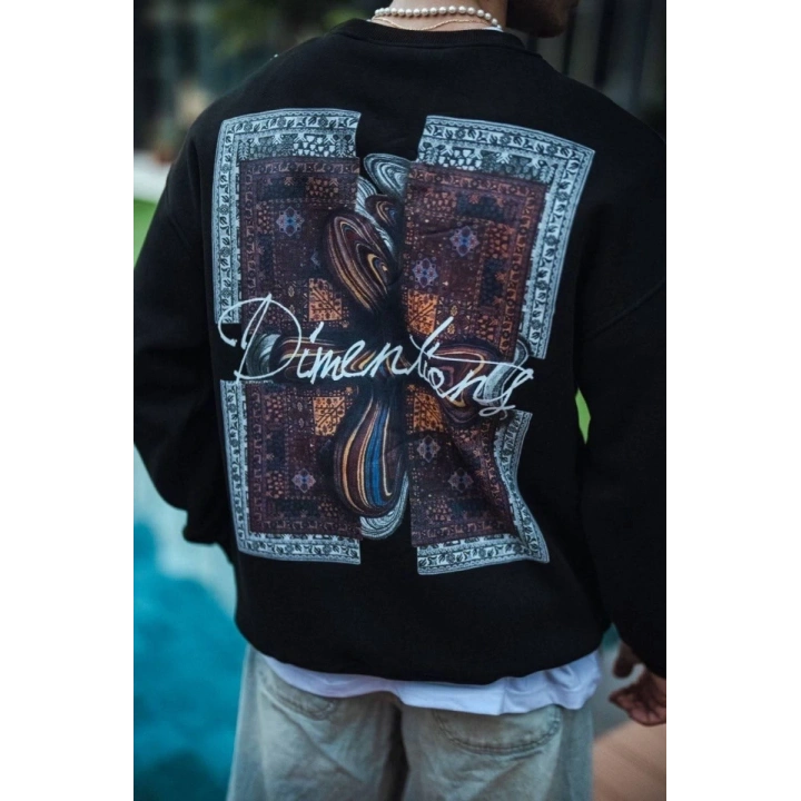 Uzun Kol Bisiklet Yaka Ön Ve Arka Baskılı SweatShirt - Siyah