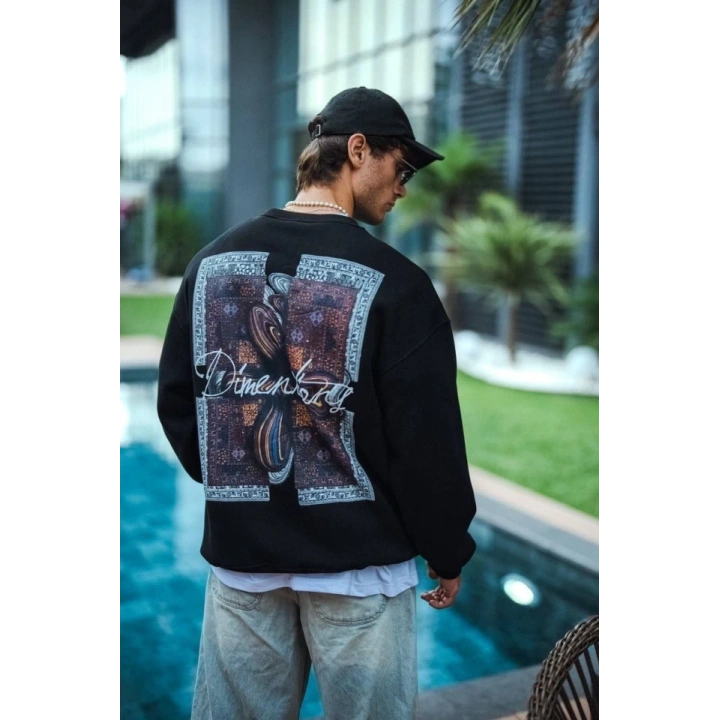 Uzun Kol Bisiklet Yaka Ön Ve Arka Baskılı SweatShirt - Siyah