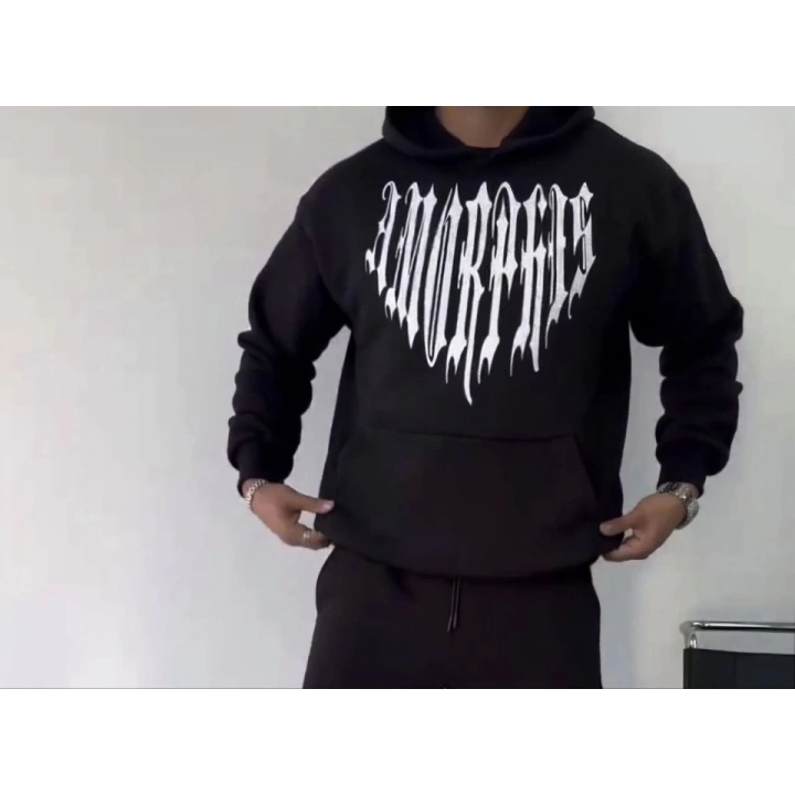 Uzun Kol Kapşonlu Baskılı SweatShirt - Siyah