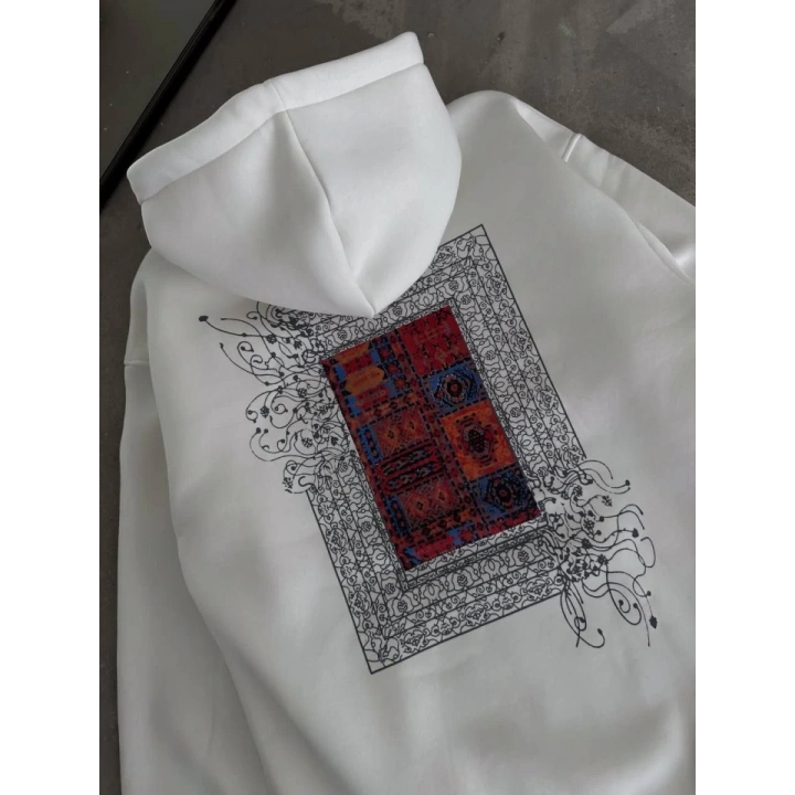 Uzun Kol Kapşonlu Ön Ve Arka Baskılı SweatShirt - Beyaz