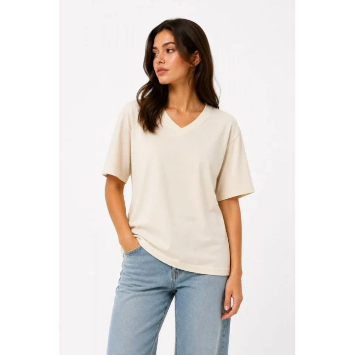 V Yaka Basic Tişört Kısa Kol Yazlık Regular Fit T-Shirt - Bej