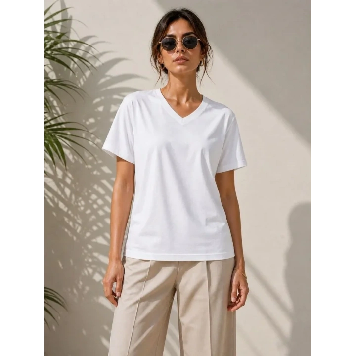 V Yaka Basic Tişört Kısa Kol Yazlık Regular Fit T-Shirt - Beyaz