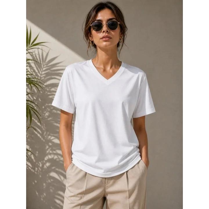 V Yaka Basic Tişört Kısa Kol Yazlık Regular Fit T-Shirt - Beyaz