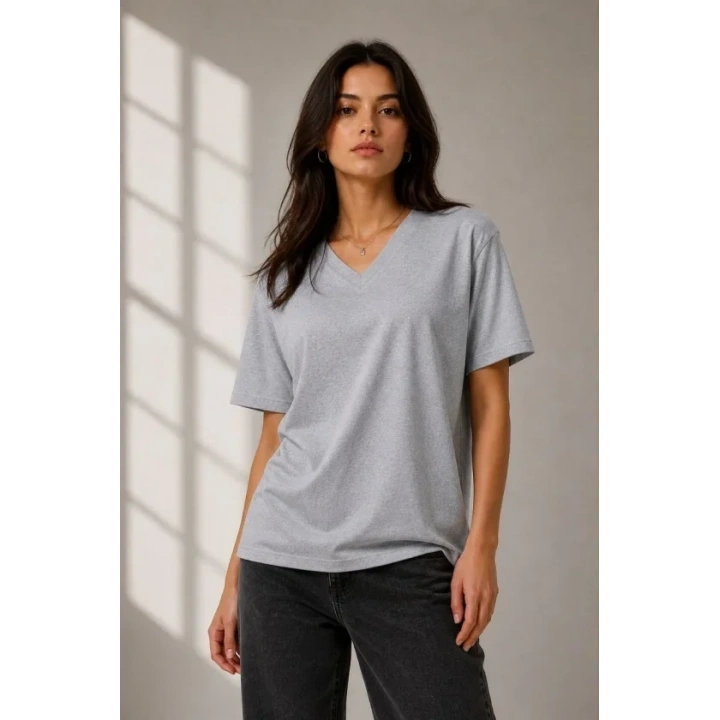 V Yaka Basic Tişört Kısa Kol Yazlık Regular Fit T-Shirt - Gri