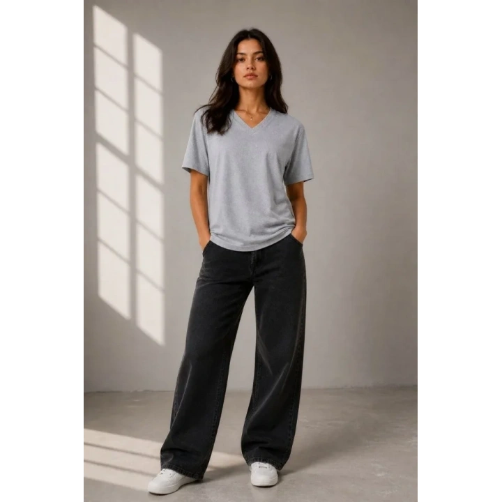 V Yaka Basic Tişört Kısa Kol Yazlık Regular Fit T-Shirt - Gri
