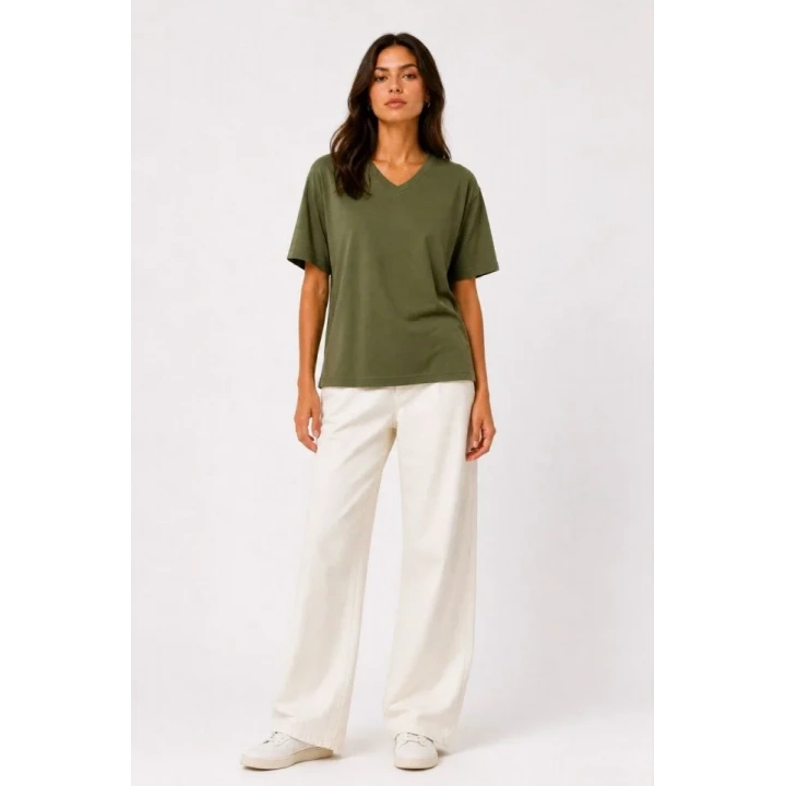 V Yaka Basic Tişört Kısa Kol Yazlık Regular Fit T-Shirt - Haki